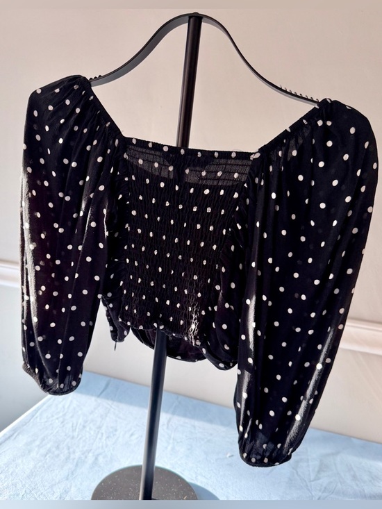 Zara Polka Dot Ruched Crop Top Size S Black Sheer Puff Sleeve Whimsigoth - Picture 5 of 7